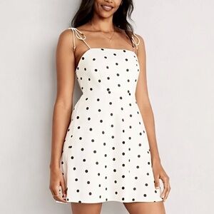 NEW Size M Old Navy White Polka Dot Cotton Blend Linen Summer A-Line Dress